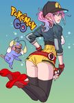  aqua_eyes ass back baseball_cap belt blue_background blush breasts chinchou chinchou_(cosplay) cosplay dog female_protagonist_(pokemon_go) from_behind gen_2_pokemon gloves hat highlights highres jacket legs_folded lips long_sleeves looking_at_viewer medium_breasts multicolored_hair parted_lips pink_hair pink_lips poke_ball poke_ball_(generic) pokemon pokemon_(game) pokemon_go ponytail shoes short_shorts shorts simple_background sleeves_past_elbows solo thighhighs thighs track_jacket two-tone_hair yamashita_shun'ya 