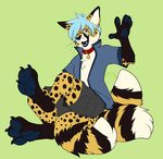 anthro bell blue_hair canine carifoxleopard cheetah chest_tuft claws clothed clothing collar eyewear feline fox glasses hair hindpaw hybrid male mammal multi_tail neko_ed open_shirt pawpads paws shirt shorts simple_background tuft 