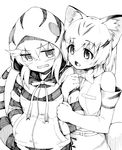  animal_ears arm_holding bare_shoulders blush bow bowtie cat_ears elbow_gloves gloves greyscale hand_on_another's_arm hands_in_pockets highres kemono_friends lineart monochrome multiple_girls ribbon sand_cat_(kemono_friends) seramikku short_hair snake_tail striped_hoodie striped_tail tail tsuchinoko_(kemono_friends) 