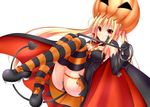  armpits ass black_dress black_gloves blonde_hair breasts cleavage demon_tail dress elbow_gloves eyebrows_visible_through_hair floating_hair full_body gloves halloween hat highres holding long_hair looking_at_viewer medium_breasts orange_hat orange_ribbon original pumpkin_hat red_eyes ribbon shiny shiny_skin shouyan simple_background sleeveless sleeveless_dress smile solo strapless strapless_dress striped striped_legwear tail thigh_ribbon thighhighs twintails very_long_hair white_background 