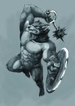 anthro canine geppei5959 looking_at_viewer mace male mammal melee_weapon monochrome muscular nude shield smile solo weapon 