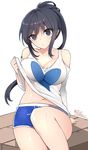  :o ahoge arm_at_side arm_support artist_name bangs bare_shoulders belly_peek black_eyes black_hair blue_eyes blue_shorts blush breasts brick cleavage collarbone cowboy_shot drawstring eyebrows_visible_through_hair hair_between_eyes hand_up heart heart_print highres huyou_(awegk) knee_up large_breasts legs_together lifted_by_self long_hair looking_at_viewer navel open_mouth original ponytail shirt shirt_lift short_shorts shorts shoulder_cutout sidelocks sitting solo sweat 