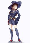  bangs blunt_bangs boots brown_hair contrapposto hands_on_hips hat kagari_atsuko knee_boots little_witch_academia looking_at_viewer red_eyes shirowa smile solo standing thighs white_background wide_sleeves witch witch_hat 
