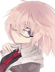  arms_at_sides bangs black-framed_eyewear close-up closed_mouth collared_shirt eyebrows_visible_through_hair fate/grand_order fate_(series) from_side glasses hair_over_one_eye hand_on_own_chest hood hoodie lavender_hair looking_at_viewer mash_kyrielight nagishiro_mito necktie open_clothes open_hoodie pink_hair purple_eyes red_neckwear shirt short_hair simple_background smile solo upper_body white_background white_shirt wing_collar 