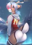  2017 anthro antlers black_fur blush bottomless brown_eyes brown_fur butt cervine clothed clothing english_text female fur glowing hair horn long_hair mammal patreon pussy red_nose reindeer smile solo sweater text tsampikos white_fur white_hair 