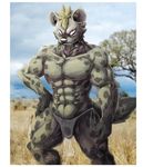  anthro bulge clothing flaccid geppei5959 hyena loincloth looking_at_viewer male mammal muscular outside penis solo standing 
