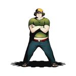  alpha_transparency belt brown_eyes brown_hat collarbone crossed_arms divine_gate full_body glasses green_shirt hashida_itaru hat looking_at_viewer male_focus official_art shadow shirt short_sleeves solo steins;gate transparent_background ucmm visor_cap yellow_hat 