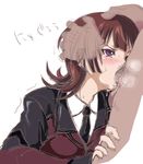  1girl active_raid blush breasts brown_hair coat cum deepthroat fellatio head_grab kazari_asami long_hair necktie open_mouth penis purple_eyes suit tongue trembling 