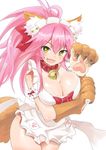  animal_ears apron arm_garter bell bell_collar blush breast_hold breasts cleavage collar fang fate/grand_order fate_(series) fox_ears fox_tail hair_ornament hair_ribbon large_breasts long_hair looking_at_viewer naked_apron nanasuke open_mouth paws pink_hair ponytail ribbon simple_background smile solo tail tamamo_(fate)_(all) tamamo_cat_(fate) white_background yellow_eyes 