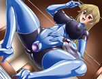  1girl blonde_hair blush breasts female game_cg hajime_shindo huge_breasts latex latex_suit latex_thighhighs leotard long_hair naugthy_face nipples purple_eyes shiny shiny_clothes smile tenjouin_asuka thong_leotard yu-gi-oh! yuu-gi-ou_gx 