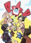  2girls backpack bag baseball_cap beanie black_hair black_shirt blonde_hair braid dark_skin dark_skinned_male dress duffel_bag gen_4_pokemon gen_7_pokemon hat hau_(pokemon) huan_li lillie_(pokemon) litten long_hair mizuki_(pokemon) multiple_boys multiple_girls open_mouth pokedex pokemon pokemon_(creature) pokemon_(game) pokemon_sm ponytail popplio red_hat rotom rotom_dex rowlet shirt short_hair short_sleeves shorts sleeveless sleeveless_dress striped striped_shirt sun_hat twin_braids white_dress white_hat you_(pokemon) z-ring 