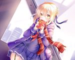  ahoge artoria_pendragon_(all) bangs blonde_hair blue_ribbon blue_skirt blush braid city closed_mouth coat covered_mouth duffel_coat dutch_angle eyebrows_visible_through_hair fate/grand_order fate_(series) french_braid fringe_trim garter_straps gift hair_between_eyes hair_bun holding holding_gift looking_at_viewer mashiro_aa mysterious_heroine_x_(alter) neckerchief open_clothes open_coat outdoors plaid plaid_scarf pleated_skirt red_neckwear red_scarf ribbon scarf school_uniform serafuku sidelocks skirt smile solo upper_body yellow_eyes 