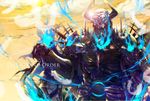 armor fate/grand_order fate_(series) fire glowing glowing_eyes helmet highres horns king_hassan_(fate/grand_order) light_rays looking_at_viewer male_focus mask peperi simple_background skull skull_mask solo sword weapon 