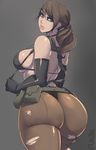  artist_name ass belt bikini black_legwear breasts brown_hair curvy elbow_gloves front-tie_bikini front-tie_top frown gloves green_eyes highleg highleg_bikini highleg_swimsuit highres holster large_breasts lips live_for_the_funk looking_at_viewer looking_back metal_gear_(series) metal_gear_solid metal_gear_solid_v mole over_shoulder pantyhose ponytail quiet_(metal_gear) sideboob skin_tight solo suspenders swimsuit thigh_holster thighs torn_clothes torn_legwear underboob 