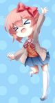  &gt;_&lt; 1girl absurdres blue_background blue_skirt bow chibi doki_doki_literature_club hair_bow herbrier_coppepan highres jacket long_sleeves neck_ribbon open_clothes open_jacket pleated_skirt polka_dot polka_dot_background red_bow red_ribbon ribbon sayori_(doki_doki_literature_club) school_uniform shoes short_sleeves skirt uwabaki white_collar 