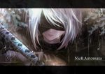  2017 bangs black_dress black_hairband blindfold copyright_name covered_eyes crying dated dress face facing_viewer hair_over_one_eye hairband holding holding_sword holding_weapon juliet_sleeves letterboxed lips long_sleeves mole mole_under_mouth nier_(series) nier_automata parted_lips puffy_sleeves rain sad short_hair signature silver_hair single_tear solo streaming_tears sword tears teeth turtleneck tyouya upper_body water weapon yorha_no._2_type_b 