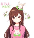  :&lt; bangs blush breasts brown_eyes brown_hair casual collarbone d.va_(overwatch) eyebrows_visible_through_hair facepaint facial_mark heacho head_tilt highres long_hair long_sleeves looking_at_viewer object_on_head overwatch pachimari pink_shirt print_shirt shirt simple_background small_breasts solo stuffed_animal stuffed_octopus stuffed_toy sweatdrop swept_bangs t-shirt upper_body whisker_markings white_background 