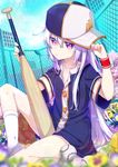  adjusting_clothes adjusting_hat bangs baseball baseball_bat baseball_cap baseball_uniform branch chain-link_fence closed_mouth commentary_request fence hair_between_eyes hand_up hat knee_up kneehighs leaf long_hair looking_at_viewer moe2017 mouth_hold nyori original sideways_hat sitting solo sportswear stadium thighs very_long_hair white_hair white_legwear 