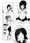  &gt;_&lt; /\/\/\ 3girls :&lt; :3 :d =_= ^_^ animal animal_on_head arm_up bangs blush cat cat_day cat_on_head closed_eyes closed_mouth comic commentary_request embarrassed facing_viewer fubuki_(kantai_collection) fujisaki_yuu greyscale hand_up happy heart holding holding_cat kantai_collection kneehighs looking_at_another messy_hair mirror monochrome multiple_girls mutsuki_(kantai_collection) on_head open_mouth paw_background ponytail school_uniform serafuku sidelocks sitting smile spoken_ellipsis swept_bangs translated turning_head wariza yuudachi_(kantai_collection) ||_|| 