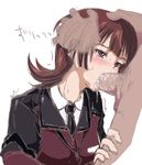  1girl active_raid blush breasts brown_hair coat cum fellatio head_grab kazari_asami long_hair necktie open_mouth penis purple_eyes suit tears tongue 