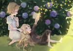  :o absurdres anabel_creme barefoot blonde_hair blush book bush finger_to_mouth flower glasses grass highres hydrangea lap_pillow little_witch_academia long_hair lotte_jansson multiple_girls reading short_hair shrimp_cc sitting sketch yokozuwari 