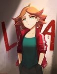  absurdres ahoge amanda_o'neill closed_mouth expressionless graffiti green_eyes hands_in_pockets highres jacket little_witch_academia looking_at_viewer orange_hair sendrawz short_hair sketch solo standing thick_eyebrows 