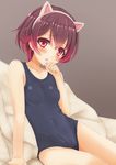  animal_ears arm_support blue_swimsuit blush brown_hair cat_ears fake_animal_ears gradient_hair jewelry kantai_collection looking_at_viewer multicolored_hair mutsuki_(kantai_collection) ootori_(kyoya-ohtori) pillow red_eyes red_hair ring school_swimsuit short_hair solo swimsuit wedding_band 