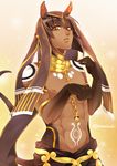  abs animal_ears anubis_ma'at artist_name brown_hair chain dark_skin dark_skinned_male egyptian_clothes jewelry kamigami_no_asobi male_focus mizuki_hau necklace orange_eyes shirtless solo tail tattoo teeth upper_body 