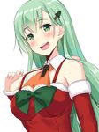  :d alternate_costume bangs blush breasts christmas_tree_hair_ornament cleavage cocona detached_collar detached_sleeves eyebrows_visible_through_hair fur-trimmed_sleeves fur_trim green_eyes green_hair hair_ornament hand_up kantai_collection long_hair looking_at_viewer medium_breasts open_mouth santa_costume simple_background smile solo spaghetti_strap suzuya_(kantai_collection) teeth upper_body very_long_hair white_background wing_collar 