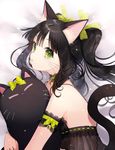  :o animal_ears arm_garter bangs bare_shoulders bed_sheet bell bell_collar black_hair bow cat_day cat_ears cat_girl cat_tail choker collar green_bow green_eyes green_ribbon hair_ribbon highres jingle_bell long_hair looking_at_viewer lying mole mole_under_mouth momoshiki_tsubaki object_hug on_side original ribbon ribbon_trim see-through sidelocks slit_pupils solo stuffed_animal stuffed_cat stuffed_toy tail twintails upper_body whiskers 