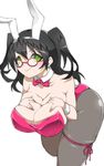  1girl bare_shoulders black_hair blush breast_suppress breasts bunny_ears bunny_girl bunnysuit cleavage female glasses green_eyes hair_ornament huge_breasts leotard long_hair ohako original pantyhose simple_background solo standing twintails white_background 