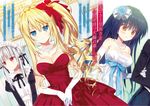  3girls absolute_duo asaba_yuu black_hair black_ribbon blonde_hair blue_eyes blue_flower blue_ribbon breasts brown_eyes cleavage collarbone copyright_name dress drill_hair elbow_gloves eyebrows_visible_through_hair flower formal gloves hair_flower hair_ornament hair_ribbon highres jewelry large_breasts lilith_bristol long_hair looking_at_viewer looking_away maid maid_headdress multiple_girls neck_ribbon necklace novel_illustration official_art red_dress red_ribbon ribbon side_ponytail sidelocks silver_hair smile strapless strapless_dress tachibana_tomoe_(absolute_duo) tied_hair wedding_dress white_dress white_gloves white_ribbon yurie_sigtuna 