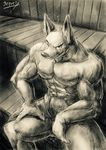  anthro canine geppei5959 looking_at_viewer male mammal muscular nipples nude sitting smile solo 