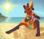  2017 anthro barefoot beach bikini black_horn bra breasts brown_fur bucket clothed clothing day female fur green_eyes green_sclera hi_res horn mammal navel open_mouth outside rysonanthrodog sand sand_castle sculpture seaside smile solo spread_legs spreading sun swimsuit teeth thendra tongue underwear 