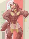  alcohol anthro beverage bottle bulge canine geppei5959 male mammal muscular open_mouth solo standing towel 