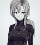  arms_at_sides bodysuit breasts closed_mouth commentary expressionless grey_background greyscale highres kiryuu_moeka large_breasts long_hair looking_at_viewer miura-n315 monochrome no_eyewear ponytail shiny shiny_clothes sidelocks simple_background skin_tight solo steins;gate turtleneck 