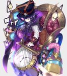  bad_id bad_pixiv_id bracer brown_pants chair cloak closed_mouth commentary_request engine gloves goggles goggles_on_headwear grey_background hat looking_at_viewer male_focus monocle nyori original pants purple_eyes purple_hair short_hair_with_long_locks simple_background smile solo steampunk top_hat valve white_gloves 