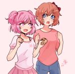  2girls bangs blue_eyes blush bow cookie denim doki_doki_literature_club fang food hair_bow jeans kokomi_(aniesuakkaman) lowres multiple_girls natsuki_(doki_doki_literature_club) open_mouth pants pink_eyes pink_hair pink_skirt pleated_skirt red_bow sayori_(doki_doki_literature_club) short_hair short_sleeves skirt 