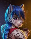  anthro beverage blue_hair braided_hair fangs feline female hair holding_object leopard looking_at_viewer mammal mykegreywolf purple_eyes sabertooth_(feature) smile solo spots 