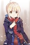  ahoge artoria_pendragon_(all) bangs blonde_hair blue_skirt braid duffel_coat eyebrows_visible_through_hair fate/grand_order fate_(series) french_braid fringe_trim hand_on_own_chest hand_up highres looking_at_viewer mysterious_heroine_x_(alter) parted_lips plaid plaid_scarf pleated_skirt red_scarf scarf school_uniform serafuku shovelwell sidelocks skirt solo upper_body yellow_eyes 