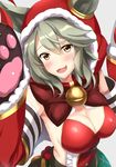  :3 :d animal_ears animal_hood bangs bare_back bell bell_collar blush breasts brown_eyes claw_(weapon) claw_pose cleavage cocona collar erune eyebrows_visible_through_hair fangs granblue_fantasy grey_background grey_hair hair_between_eyes hand_up hood hood_up jingle_bell large_breasts looking_at_viewer open_mouth santa_costume sen_(granblue_fantasy) simple_background smile solo sweatdrop teeth upper_body wavy_hair weapon 