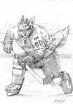  anthro canine clothed clothing geppei5959 hockey_sticks ice_skates male mammal monochrome muscular solo standing 
