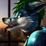  absurd_res anthro black_nose blue_fur canine collar digital_media_(artwork) fox fur green_eyes green_hair hair hi_res male mammal open_mouth ranth_(ranthead) ranthead smile solo spots spotted_fur teeth tongue tongue_out white_fur 