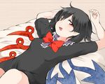  asymmetrical_wings black_dress black_hair bow bowtie breasts commentary_request dress houjuu_nue lying nanana_(chicken_union) on_back on_bed pointy_ears red_eyes short_dress short_hair short_sleeves small_breasts touhou wings 