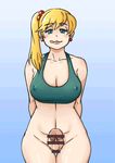  animated animated_gif aqua_eyes blonde_hair blush bottomless bounce bouncing cleavage cum ejaculation futanari licking_lips long_hair looking_at_viewer neone-x open_mouth side_ponytail 