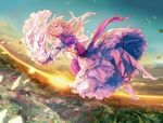  alternate_eye_color backlighting bad_id bad_pixiv_id bangs barefoot blonde_hair blue_eyes blue_sky blurry breasts closed_mouth cloud commentary day depth_of_field dress dutch_angle falling field foreshortening frilled_dress frilled_sleeves frills from_side full_body gensoukyou gradient_sky horizon leg_ribbon legs long_hair long_sleeves looking_afar medium_breasts morning mountain no_hat no_headwear open_hands outstretched_arms petals pointy_nose puffy_long_sleeves puffy_sleeves rekka ribbon scenery skinny sky solo star_(sky) sun sunlight sunrise tabard toes torii touhou white_dress wide_sleeves yakumo_yukari 