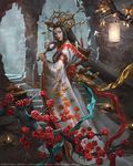  2015 amaterasu_(mythology) artist_name black_hair copyright_name detached_sleeves fire flame floral_print flower full_body hand_mirror headpiece hood hood_down jewelry lantern lipstick long_hair makeup mirror mobius_final_fantasy official_art rakuen ring solo square_enix stairs standing watermark wide_sleeves 