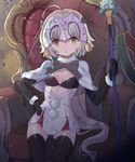  :| ahoge bangs bell black_bra black_gloves black_legwear blonde_hair bra breasts capelet chair closed_mouth dress elbow_gloves empty_eyes eyebrows_visible_through_hair fate/grand_order fate_(series) fur_trim gloves headpiece holding holding_weapon jeanne_d'arc_(fate)_(all) jeanne_d'arc_alter_santa_lily long_hair looking_at_viewer polearm short_dress shovelwell sitting small_breasts solo thighhighs throne underwear v-shaped_eyebrows weapon white_capelet white_dress yellow_eyes 