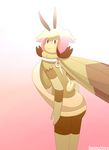  absurd_res antennae anthro arthropod big_breasts breasts clothed clothing female hair hi_res huge_breasts insect kespuzzuo looking_back moth multicolored_hair side_boob simple_background smile solo standing sweater virgin_killer_sweater wings 