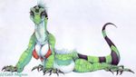  2017 absurd_res big_breasts bikini blue_eyes bottomless breasts busty_feral caleb_magness chrisann claws cleavage clothed clothing female feral forked_tongue green_scales heterochromia hi_res iguana lizard looking_at_viewer nipple_bulge non-mammal_breasts pregnant reptile scales scalie simple_background skimpy solo stripes swimsuit toe_claws tongue tongue_out white_background yellow_eyes 